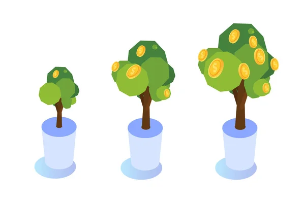 Árbol de dinero con monedas en crecimiento, Icono de inversión empresarial concepto isométrico . — Vector de stock