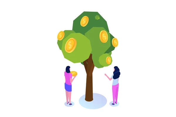 Drzewo wzrostu pieniądza koncepcja izometryczna, inwestycje, uzyskiwanie zysku, zarządzanie finansami. Ilustracja wektorowa. — Wektor stockowy