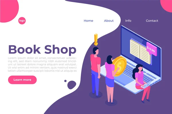 Library or Book Shop mobile online isometric concept. Micro peop