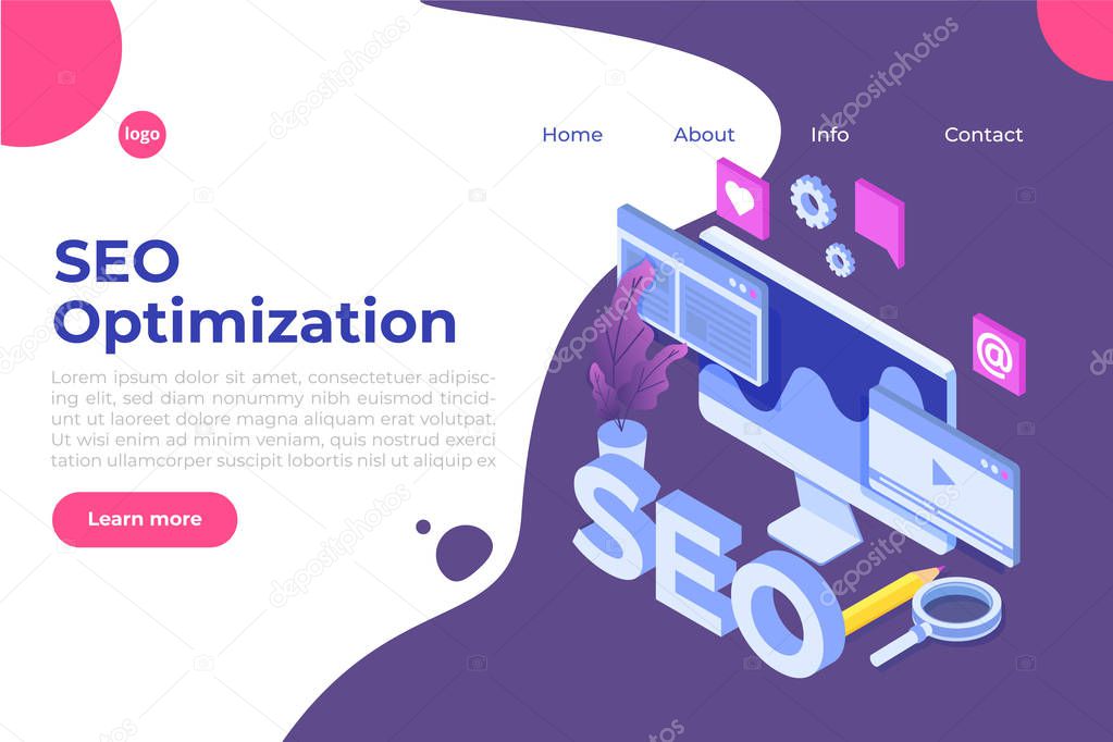 Web seo optimization illustration concept isometric. Landing page template. Sticker for web banner, web page, banner, presentation, social media, documents, cards, posters.