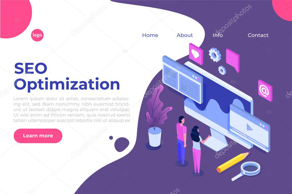 Web seo optimization illustration concept isometric. Landing page template. Sticker for web banner, web page, banner, presentation, social media, documents, cards, posters.