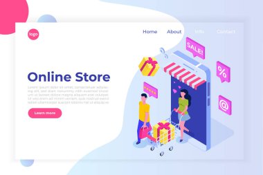 Karakterlerle Online Alışveriş izometrik kavramı. E-ticaret ret