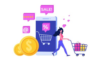 Karakterli Online Alışveriş konsepti. Dev e-ticaret perakende