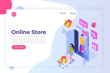Karakterlerle Online Alışveriş izometrik kavramı. E-ticaret ret