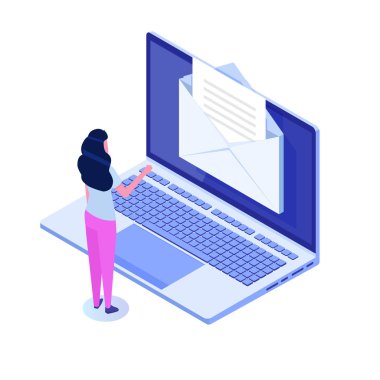 Bildirimile Isometrik Laptop. Kadın e-posta alır. Vektör 