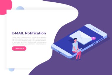 E-posta bildirimi ile Isometric Smartphone. E-posta konseptini alın