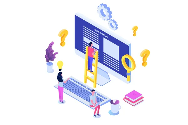 User manual  isometric concept. People with guide instruction ar — Stock Vector