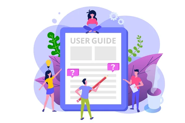 Manual do usuário conceito de estilo plano. Pessoas com instrução de guia a —  Vetores de Stock