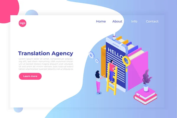 オンライン翻訳代理店のアイソメトリック概念。通訳サー — ストックベクタ