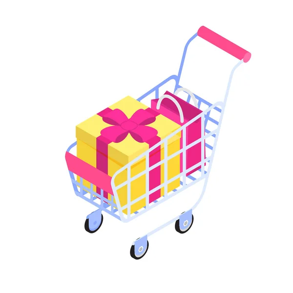 Shopping cart with gift box and bag isometric icon. Vector illus — Stock Vector