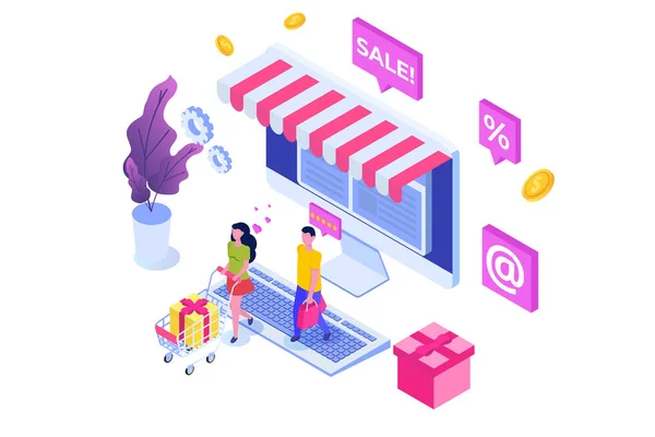 Online Shopping isometrisch concept met personages. E-commerce RET — Stockvector