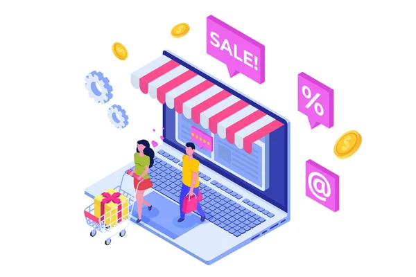 Online Shopping concept isométrique avec des caractères. Commerce électronique — Image vectorielle