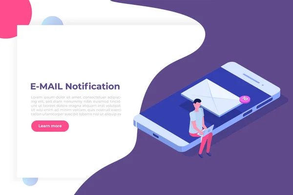 Smartphone isométrico con notificación por correo electrónico. Obtener concepto de correo electrónico — Vector de stock