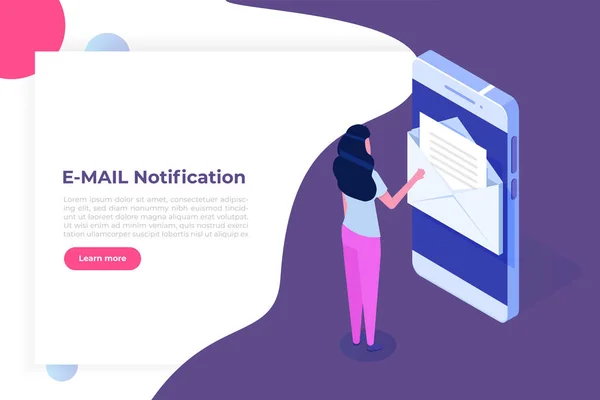 带通知的等轴测智能手机。妇女收到电子邮件。韦克特 — 图库矢量图片
