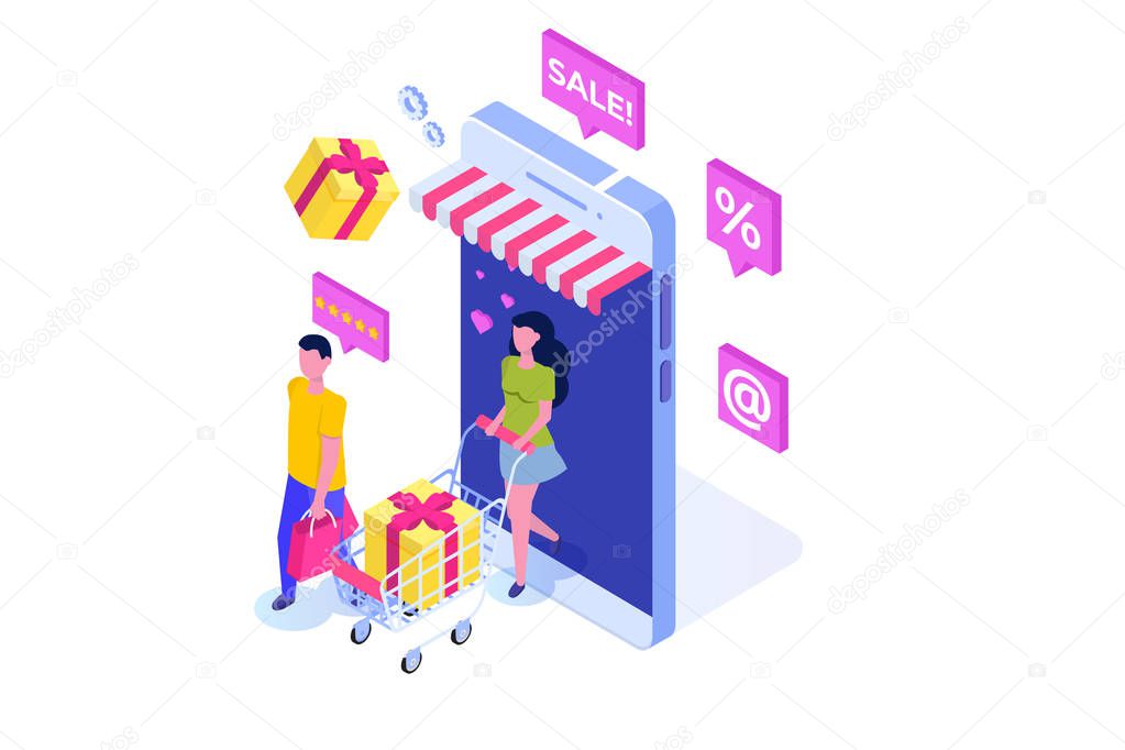 Online Shopping isometric concept with characters. Ecommerce ret