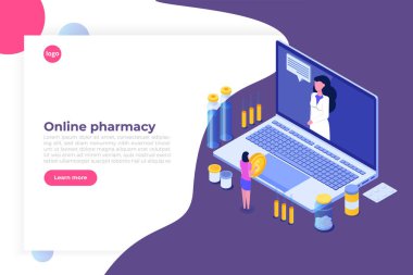 İlaç hapları şişe ile Online eczane isometrik kavram. V