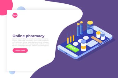 İlaç hapları şişe ile Online eczane isometrik kavram. V