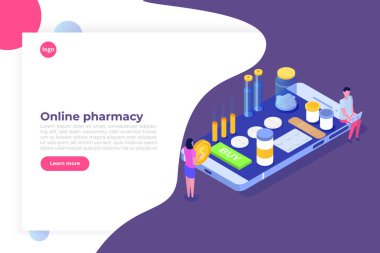 İlaç hapları şişe ile Online eczane isometrik kavram. V