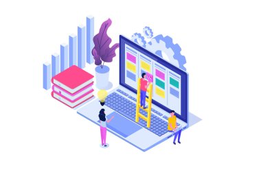 Scrum veya canban görev panosu izometrik kavramı. Çevik için notlar çok