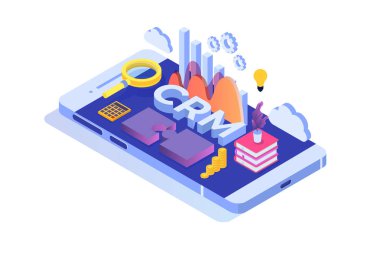 Crm - Müşteri ilişkileri yönetimi isometrik kavramı. Vektör
