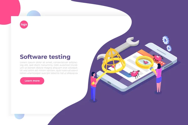 Software or application testing  isometric vector concept.  Debu — Stock Vector