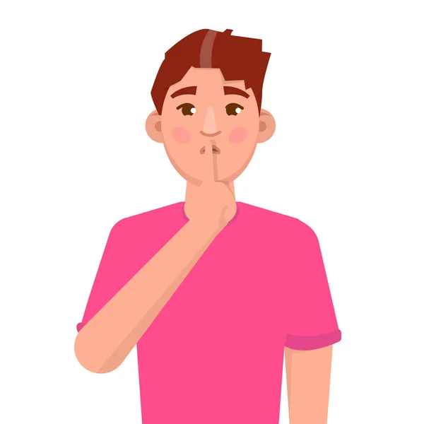 Shh hombre pidiendo silencio, cierra la boca. Silencio, por favor. — Vector de stock