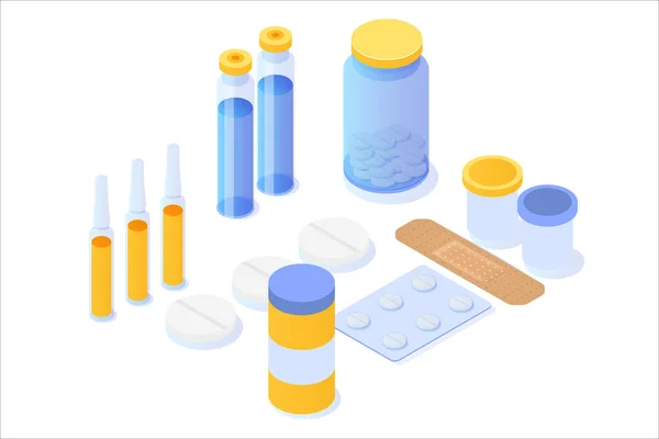 Medizinflasche, Tabletten, Pillen und Blisterverpackung isometrisch — Stockvektor