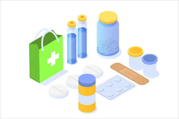 Μπουκάλι φάρμακο, ταμπλέτες, χάπια και συσκευασία κυψέλης — Διανυσματικό Αρχείο