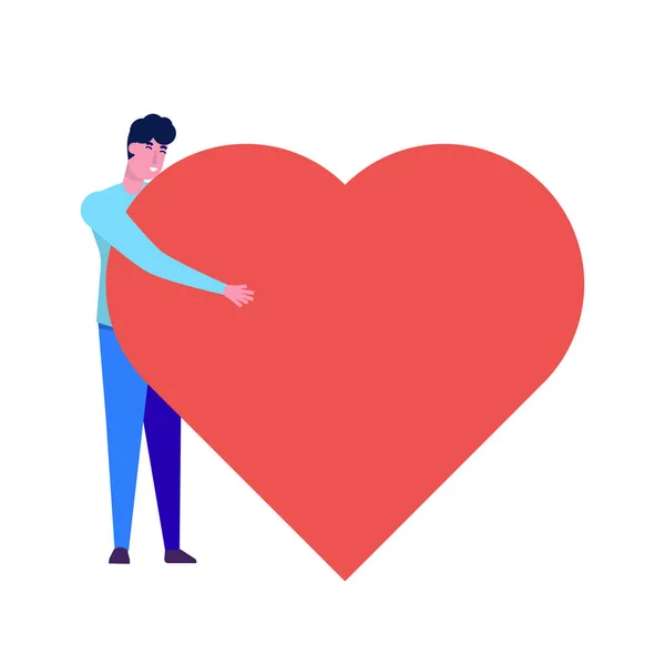 Hombre feliz Abrazando el corazón. Ama a ti mismo, San Valentín Abrace — Vector de stock