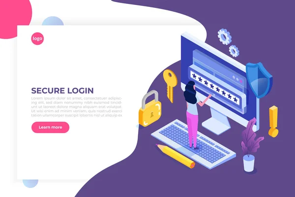 Data Access, Password isometric concept. Login form on screen. V — Stock Vector