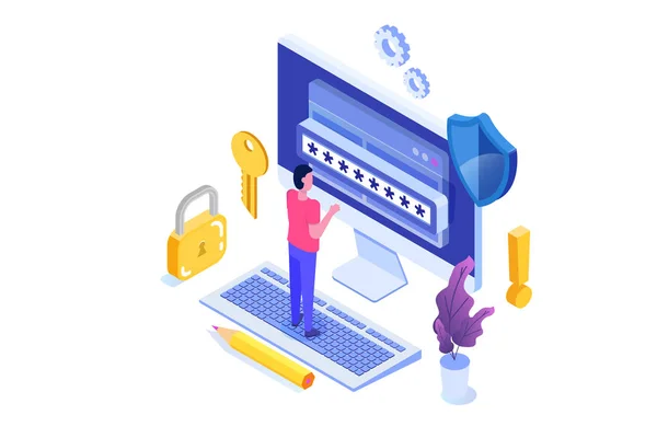 Acceso a datos, concepto isométrico de contraseña. Formulario de inicio de sesión en pantalla. V. — Archivo Imágenes Vectoriales