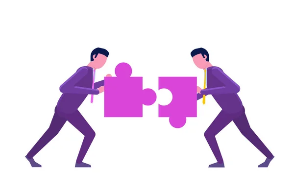 Two businessmen unite  the puzzle. Teamwork, working together is — Stock Vector