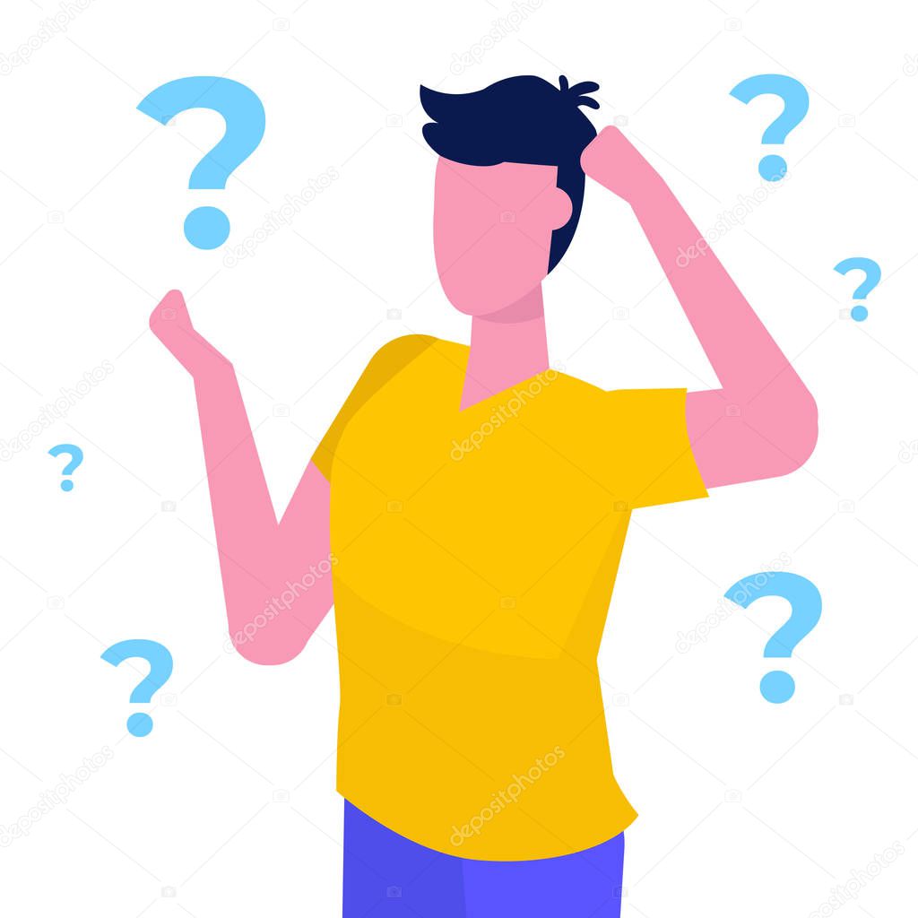 Man is thinking with question marks.  Vector illustration in fla