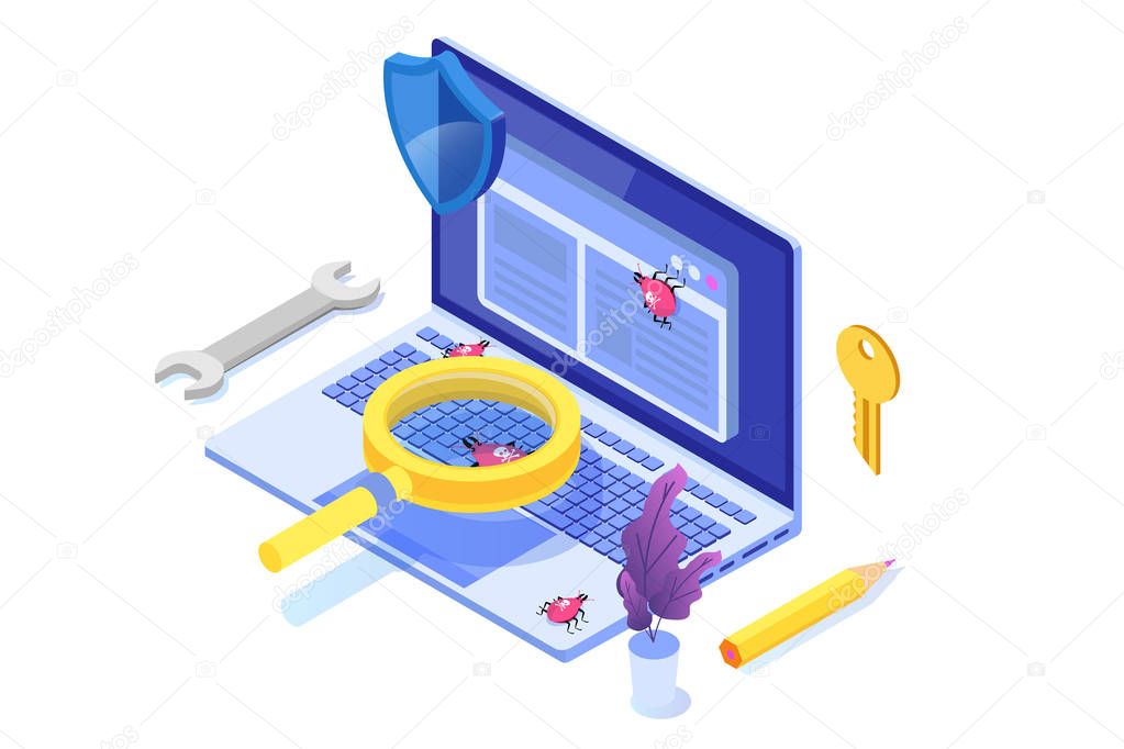 Software or application testing  isometric vector concept.  Debu