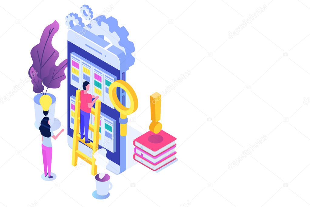 Scrum or canban task board isometric concept. Notes for agile so