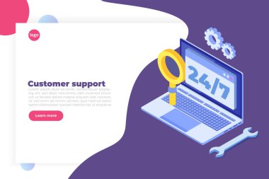 7 / 24 destek ya da çağrı merkezi kavramı. Web sayfası ya da pankart tasarım şablonları. 24 saat açık müşteri servisi. Vektör illüstrasyonu Isometric.