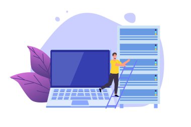 IT Yöneticileri sunucusu, sistem yapılandırması, ağ bakımı, veri merkezi konsepti. Düz vektör şablonu çizimi.