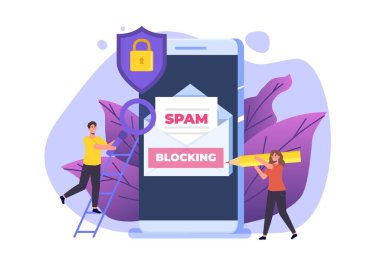 E-posta koruması, anti-zararlı yazılım, spam konsepti. Düz vektör illüstrasyonu