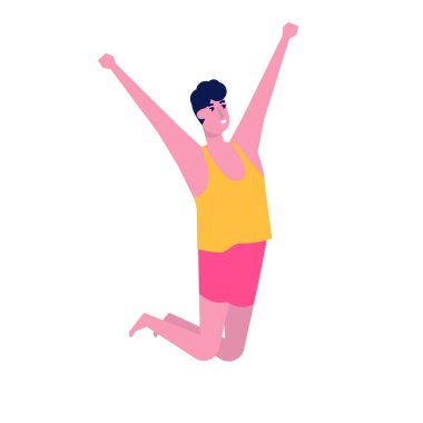 Plajda atlayan mayo giymiş bir adam. Yaz tatili kavramı. Vektör illüstrasyonu