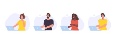 Merkez avatar seti. Müşteri hizmetleri, yardım hattı konsepti. Kulaklık takan ofis çalışanları, tele pazarlamacılar. Vektör illüstrasyonu