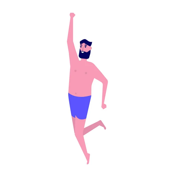 水着を着た男がビーチでジャンプします 夏休みのコンセプト ベクターイラスト — ストックベクタ