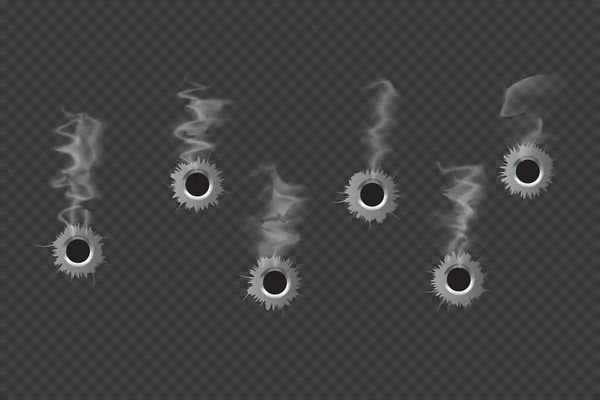 Realistic Bullet Holes Set Isolated Transparent Background Vector Illustration — Stock Vector