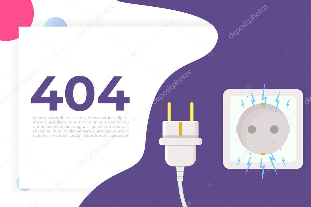 Disconnect Plug, 404 Error, page not found. Vector illustration flat design