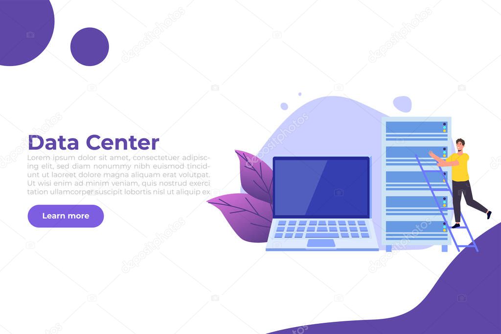 IT  Administrators server, systems configuration, network upkeeping, Data center  concept. Flat  vector  template illustration.