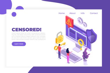 İnternet yasağı baypası, internet sansürü bypass 'ı. İçerik kontrol engelleme, saldırgan sohbetleri filtreleme, mesajlaşma. Vektör izometrik illüstrasyon. 