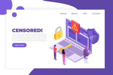 İnternet yasağı baypası, internet sansürü bypass 'ı. İçerik kontrol engelleme, saldırgan sohbetleri filtreleme, mesajlaşma. Vektör izometrik illüstrasyon. 