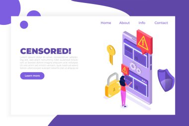 İnternet yasağı baypası, internet sansürü bypass 'ı. İçerik kontrolü engellemesi. Vektör izometrik illüstrasyon. 