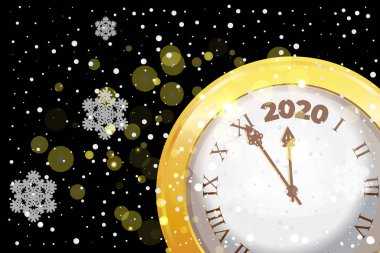 Altın gibi parlayan 2020 yılbaşı geri sayımı. Altın konfetili bayram antika Noel kutlaması saatleri. Xmas gecesi arka planı kutluyor. Vektör illüstrasyonu.