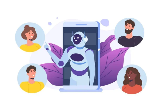 Concepção Chatbot Homem Falar Com Robô Serviço Suporte Cliente Android —  Vetores de Stock