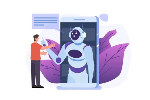 Concepto Chatbot Hombre Hablando Con Robot Servicio Atención Cliente Android — Vector de stock
